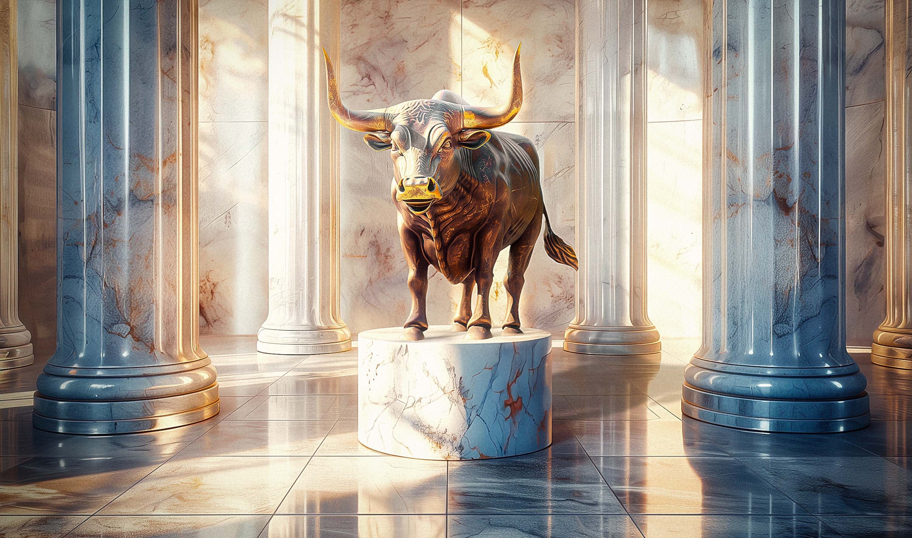 Statue eines Bullen in einem Tempel - Symbolbild Erfolg an der Börse